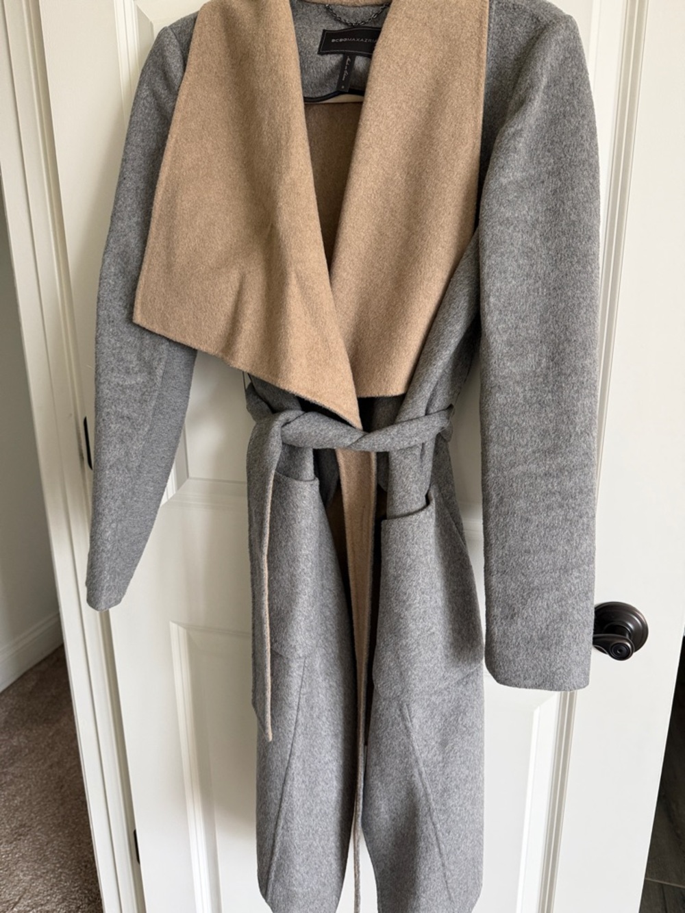 BCBGMaxAzria Gray and Camel Wrap Trench Coat